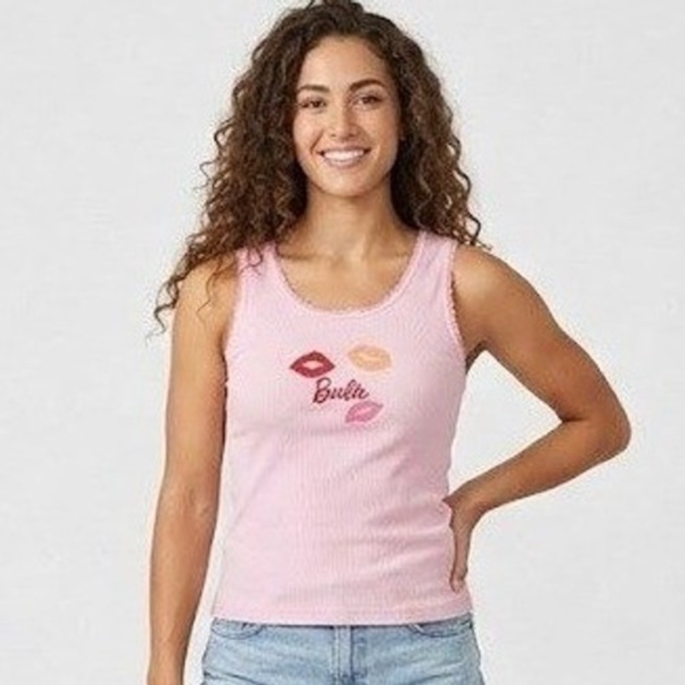 Vintage Barbie Tank Top Light Pink Ribbed Sleep Shirt Lip Kiss XL Y2K Barbiecore - Picture 2 of 8